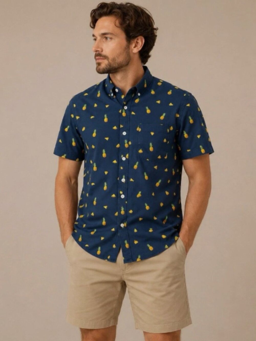 Banana Republic Short Sleeve Shirt XL Pineapple Print Slim Fit Organic Cotton